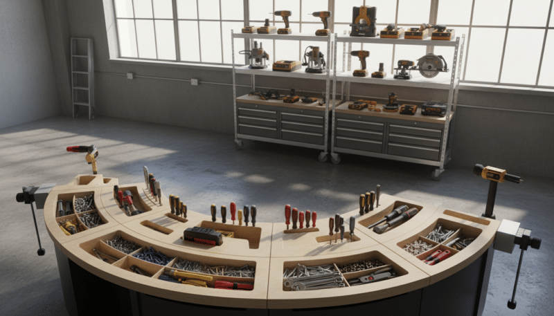 A well-organized workshop space emphasizing ergonomics and accessibility. In the foreground, showcase a neatly arranged workbench with various hand tools and small containers holding screws, nuts, and bolts, all within easy reach. The middle ground features ergonomic shelving units designed for optimal height, displaying neatly organized power tools and accessories. The background reveals windows letting in natural light, creating a bright and inviting atmosphere. Use soft, diffused lighting to highlight the functionality of the space. Capture the scene with a slight overhead angle to give an overview of the organizational layout, while maintaining a clean and professional aesthetic. The mood should convey efficiency and practicality, demonstrating smart storage solutions in a modern workshop environment. A well-organized workshop space emphasizing ergonomics and accessibility. In the foreground, showcase a neatly arranged workbench with various hand tools and small containers holding screws, nuts, and bolts, all within easy reach. The middle ground features ergonomic shelving units designed for optimal height, displaying neatly organized power tools and accessories. The background reveals windows letting in natural light, creating a bright and inviting atmosphere. Use soft, diffused lighting to highlight the functionality of the space. Capture the scene with a slight overhead angle to give an overview of the organizational layout, while maintaining a clean and professional aesthetic. The mood should convey efficiency and practicality, demonstrating smart storage solutions in a modern workshop environment.