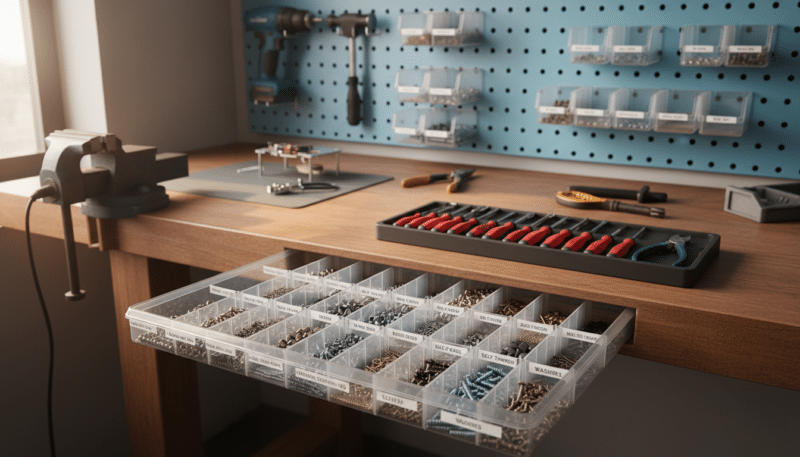 A well-organized workshop space featuring an efficient storage system for various screws and small parts. In the foreground, highlight a clear, labeled storage drawer filled with an assortment of screws in different sizes and types, neatly arranged by category. The middle layer showcases a workbench with tools like screwdrivers and pliers placed methodically, promoting a sense of order. In the background, include a pegboard displaying additional small tools and parts in labeled containers, emphasizing organized chaos. Soft, natural lighting floods the scene through a nearby window, creating a warm, inviting atmosphere. Use a slightly elevated angle to capture the full layout of the workspace, suggesting practicality and professionalism perfect for DIY enthusiasts. A well-organized workshop space featuring an efficient storage system for various screws and small parts. In the foreground, highlight a clear, labeled storage drawer filled with an assortment of screws in different sizes and types, neatly arranged by category. The middle layer showcases a workbench with tools like screwdrivers and pliers placed methodically, promoting a sense of order. In the background, include a pegboard displaying additional small tools and parts in labeled containers, emphasizing organized chaos. Soft, natural lighting floods the scene through a nearby window, creating a warm, inviting atmosphere. Use a slightly elevated angle to capture the full layout of the workspace, suggesting practicality and professionalism perfect for DIY enthusiasts.