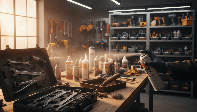 A well-organized workshop with various tools undergoing rust prevention treatment. In the foreground, a metal toolbox with a few essential hand tools, such as wrenches and pliers, being coated with a rust-proof spray. The middle ground features a workbench cluttered with protective oils and maintenance products, alongside a rusted tool being restored. The background includes shelves filled with neatly arranged tools and equipment, illuminated by warm, diffuse lighting, emphasizing a clean and safe working environment. The atmosphere is one of diligence and care, reflecting a commitment to maintaining tools in optimal condition, preventing rust and moisture damage. The composition is shot at eye-level from a slightly angled perspective to highlight the tools and the preventative measures being taken.