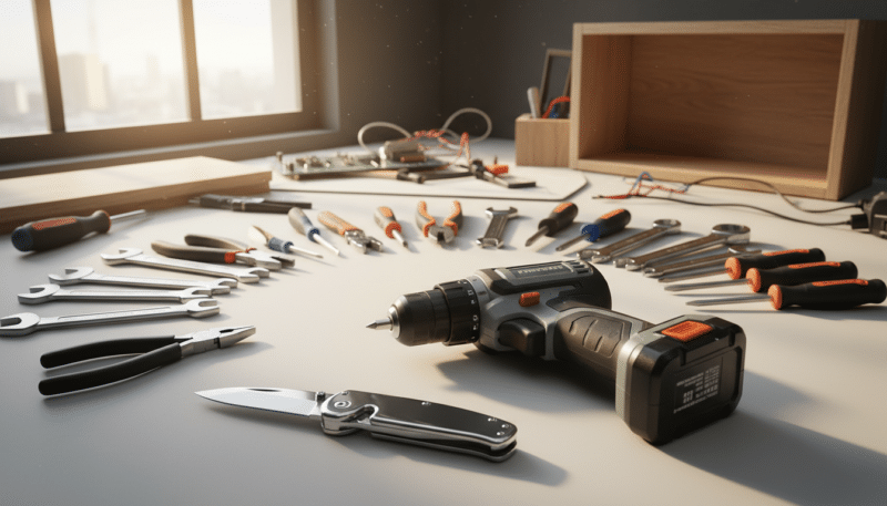 A well-organized workspace displaying various hand tools and power tools side by side, emphasizing the contrast between inexpensive and professional-grade equipment. In the foreground, a close-up of a sturdy, multipurpose tool with a shiny finish and a high-quality drill. In the middle, a semi-circle of hand tools, such as wrenches, pliers, and screwdrivers, showcasing both lower-cost and premium brands. In the background, a workbench cluttered with projects in progress, illuminated by soft, natural light from a window. The atmosphere is practical and motivating, illustrating decision-making in tool selection. The image should capture the balance between affordability and quality, presented in a sleek, professional manner without any text or branding elements. A well-organized workspace displaying various hand tools and power tools side by side, emphasizing the contrast between inexpensive and professional-grade equipment. In the foreground, a close-up of a sturdy, multipurpose tool with a shiny finish and a high-quality drill. In the middle, a semi-circle of hand tools, such as wrenches, pliers, and screwdrivers, showcasing both lower-cost and premium brands. In the background, a workbench cluttered with projects in progress, illuminated by soft, natural light from a window. The atmosphere is practical and motivating, illustrating decision-making in tool selection. The image should capture the balance between affordability and quality, presented in a sleek, professional manner without any text or branding elements.