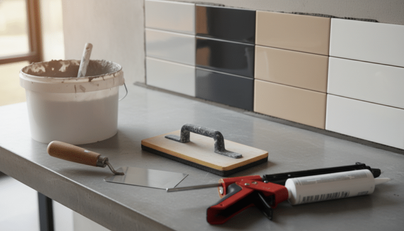A well-organized workspace featuring professional tiling tools for grout application, prominently displayed in the foreground. Include a detailed trowel, a grout float, a bucket filled with grout mix, and a caulking gun, all arranged neatly on a clean, polished surface. In the middle ground, showcase a backdrop of freshly installed tiles, highlighting various grout colors. Soft, natural lighting pours in from a nearby window, creating gentle reflections on the tiles and tools, suggesting a bright and inviting atmosphere. The angle should capture both the tools and the tiled surface, emphasizing the importance of using the right tools for perfect grout application. The overall mood is professional and focused, illustrating the theme of proper tool usage in tiling projects.