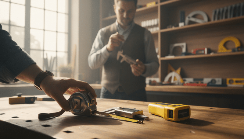 A well-organized workspace showcases a selection of high-quality measuring tools: a classic metal tape measure, a digital caliper, and a laser distance meter, arranged on a wooden workbench. In the foreground, a hand reaches towards the tape measure, emphasizing the importance of tactile experience in tool selection. The middle ground features a soft-focus image of a person, dressed in a smart casual outfit, inspecting the digital caliper, highlighting the human aspect of the buying process. In the background, shelves lined with various measuring tools and equipment create an inviting atmosphere. Soft, natural light filters in through a window, casting gentle shadows that enhance textures and details, evoking a sense of professionalism and reliability in tool selection and quality awareness.