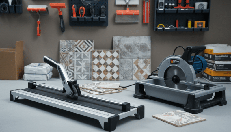An organized workspace showcasing various tile cutting tools, including a manual tile cutter and a diamond blade saw. In the foreground, display the manual tile cutter with a sleek, modern design, its cutting wheel glinting under bright workshop lighting. Nearby, place a diamond blade saw, highlighting its sharp blade and sturdy base. In the middle ground, include scattered ceramic tiles, exhibiting intricate patterns and textures, ready for cutting. The background features a neutral-colored wall cluttered with tool storage, creating a professional atmosphere that suggests a busy workshop. The overall mood is focused and industrious, emphasizing the importance of choosing the right tile cutting tool. Use a well-lit, close-up angle to capture details and depth, enhancing the visual appeal of the tools.